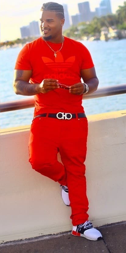 Devon Wallace in Miami, Biscayne Bay and the downtown skyline behind him